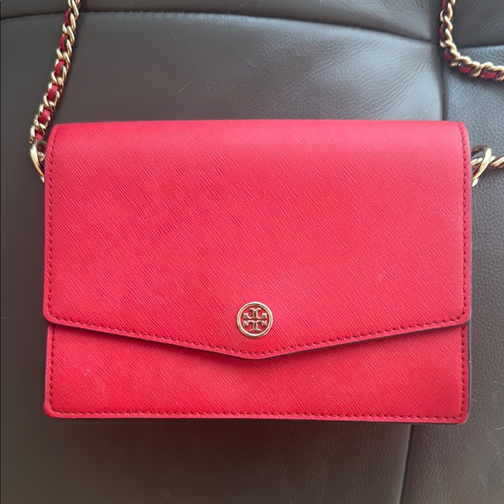 Tory Burch Red Crossbody Bag with Chain Strap and Gold Logo